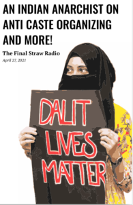 zine cover for this episode's transcription featuring a person holding a "Dalit Lives Matter" sign