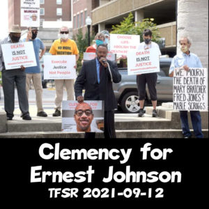 "Clemency for Ernest Johnson" picturing a protest at Boone County courthouse