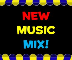 Image description: the words "NEW MUSIC MIX!" in red, yellow, & blue respectively, on a black background. Below & above the words is a digital drawing of a yellow & blue awning.