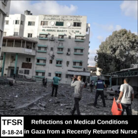 Photo of a bombed hospital in Gaza with rescue workers approaching from the street