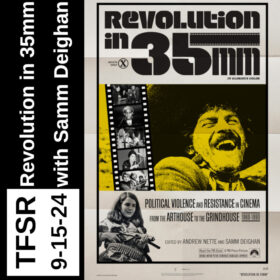 Cover of the book "Revolution in 35MM" appearing as a film from the 1970s and featuring stills of people with guns or making faces of exertion