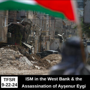 photo of destroyed West Bank street with a blurry, foregrounded figure holding a Palestinian flag and obscuring their face with a keffiyeh