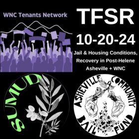 WNC Tenants network logo, Sumud Collective logo and Asheville Community Bail Fund logo