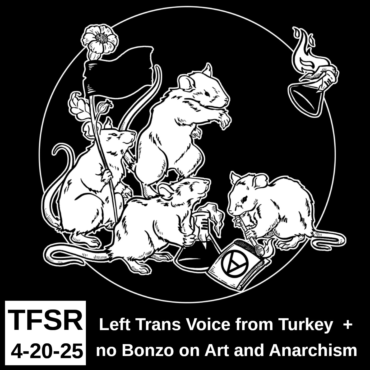 Bonzo drawing of rats in revolt, throwing beakers, holding flowers and flags and a book with a circle A