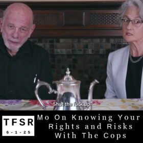 still from an NLG video featuring two lawyers talking over tea with the words "shut the fuck up" in subtitle below