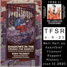 Book cover by NO Bonzo of the new edition of "Shadows In The Struggle for Equality" featuring a drawing of Boris Yelensky by the gates of a cemetery reading, alongside cats, plus the 2025 June 11 logo featuring a venus flytrap visible from behind flames