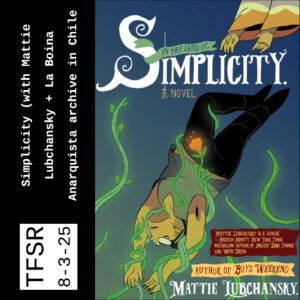 book cover of Simplicity featuring a cartoon character being drawn toward glowing vines with flowers and hands reaching down toward their feet