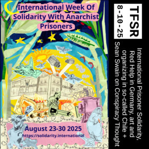 poster of the "International Week of Solidarity With Anarchist Prisoners, August 23-30 2025 | https://Solidarity.International" featuring a prison being attacked by a grandmother with a molotov, a goose, a goat with a hammer, a dog, a cat toppling towers, drones and people dropping banners and leaning out the windows + "International Prisoner Solidarity, Red Help in Germany, art and organizing in so-called Chile + Sean Swain on Conspiracy Thought"
