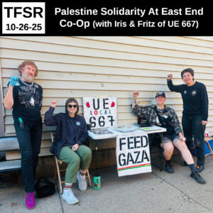 photo of members of UE667 next to a table with a sign reading Feed Gaza