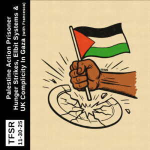 "TFSR 11-30-25 | Palestine Action Prisoner Hunger Strikes, Elbit Systems and UK Complicity In Gaza (with Francesca)" featuring a picture of a hand slamming a Palestinian flag down, smashing a plate with the base of the flag pole