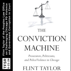 book cover of "The Conviction Machine" featuring a black and white image of a justice scale tilted to one side