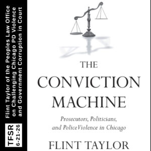 book cover of "The Conviction Machine" featuring a black and white image of a justice scale tilted to one side